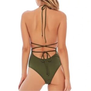 L*space green one piece halter swimsuit bathing suit cheeky strappy adjustable